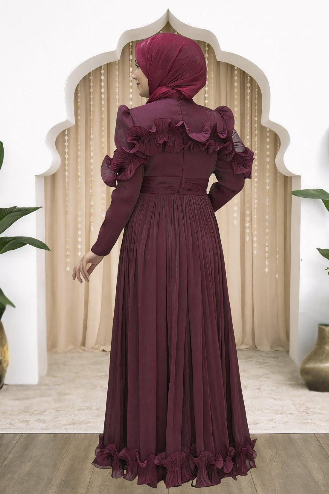 Beliz Modest Evening Dress - Burgundy