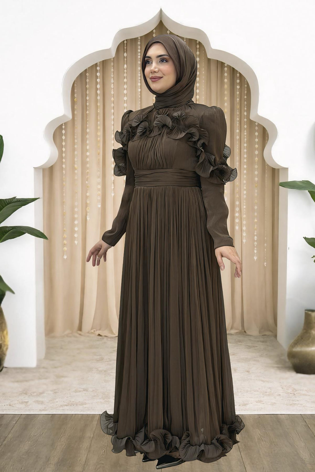 Beliz Modest Evening Dress - Brown