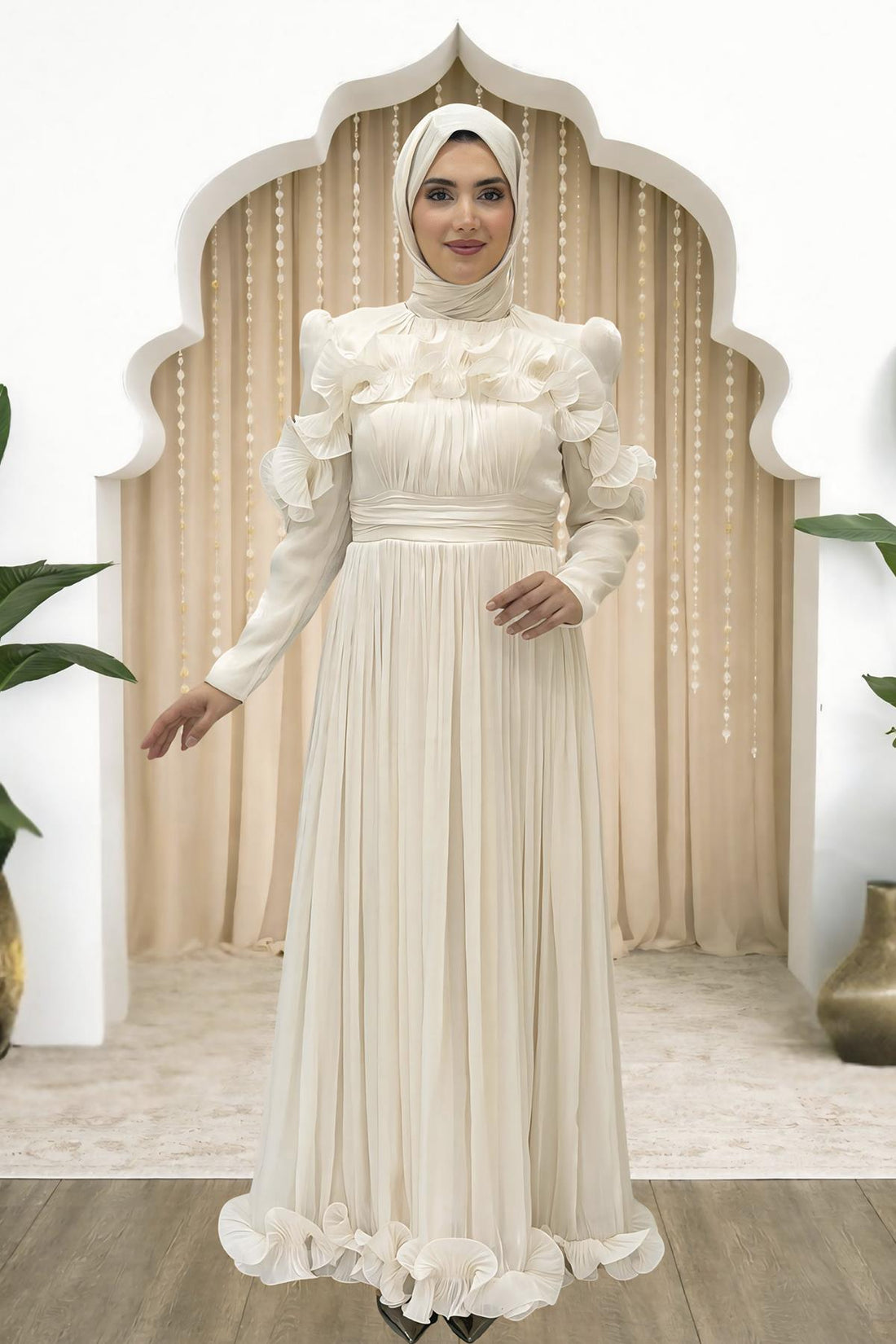 Beliz Modest Evening Dress - Cream