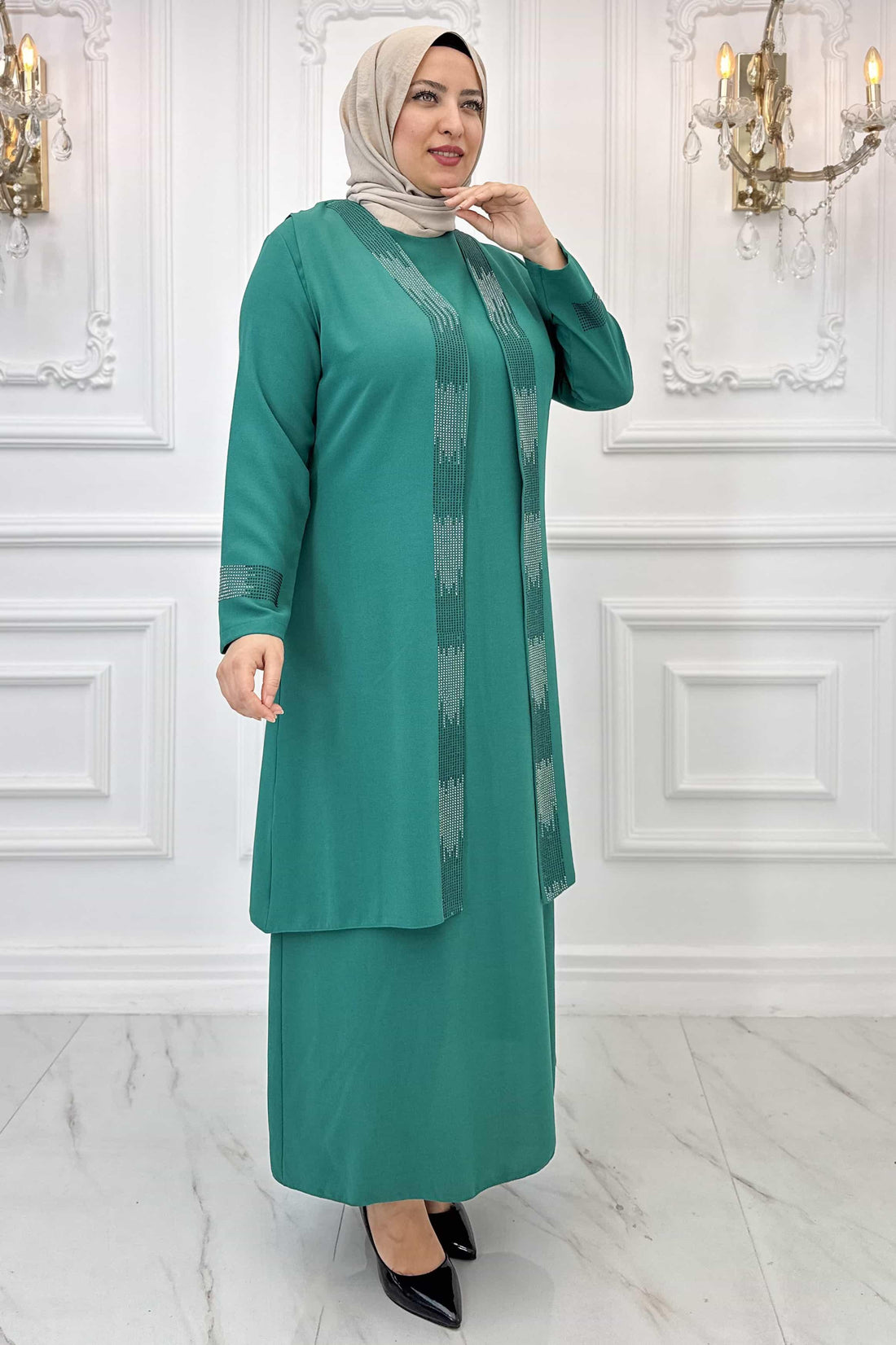Beril Modest Evening Dress - Emerald