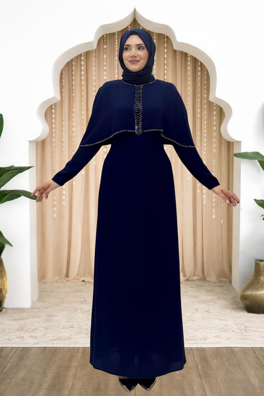 Sunay Modest Evening Dress - Navy