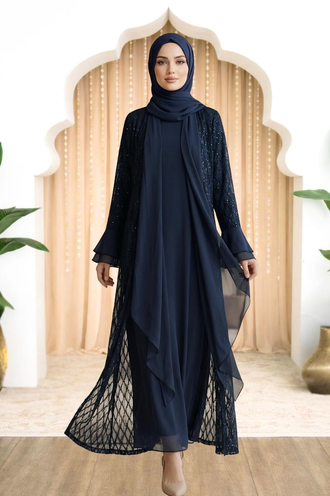 Burcu Modest Evening Dress - Navy