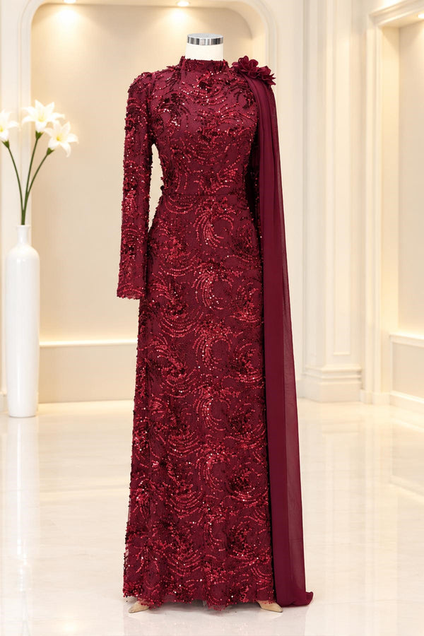 Ceylin Modest Evening Dress - Burgundy
