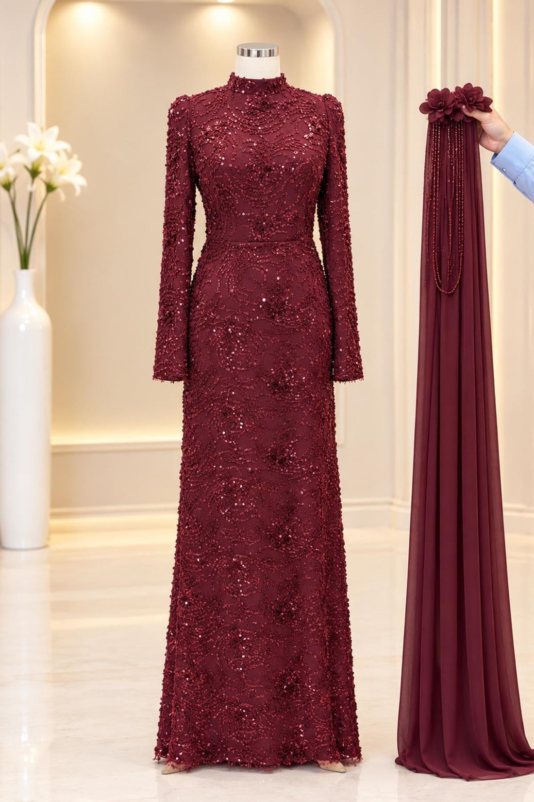 Ceylin Modest Evening Dress - Burgundy