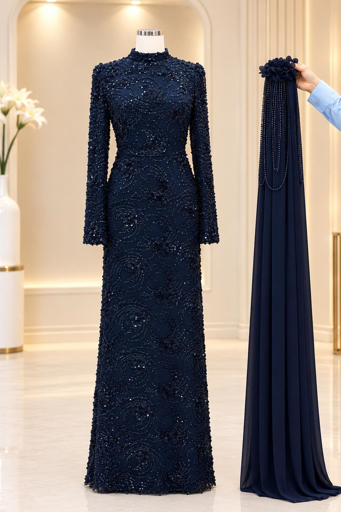 Ceylin Modest Evening Dress - Navy