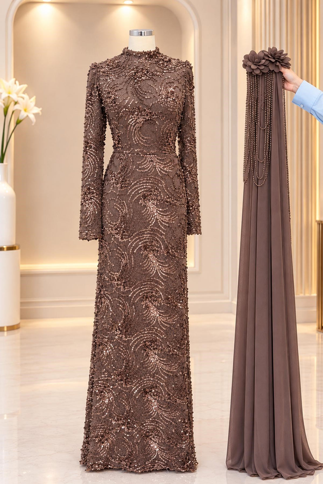 Ceylin Modest Evening Dress - Taupe