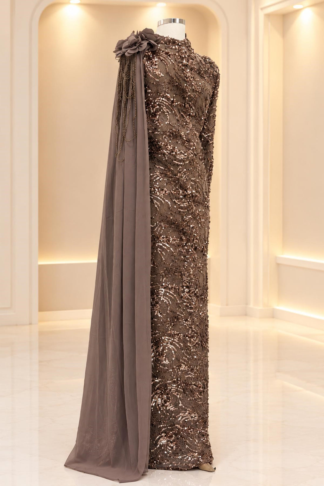 Ceylin Modest Evening Dress - Taupe