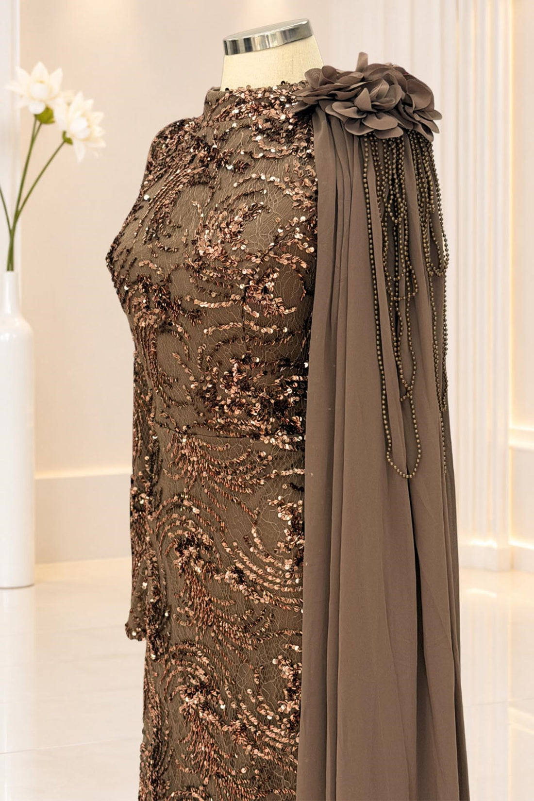 Ceylin Modest Evening Dress - Taupe