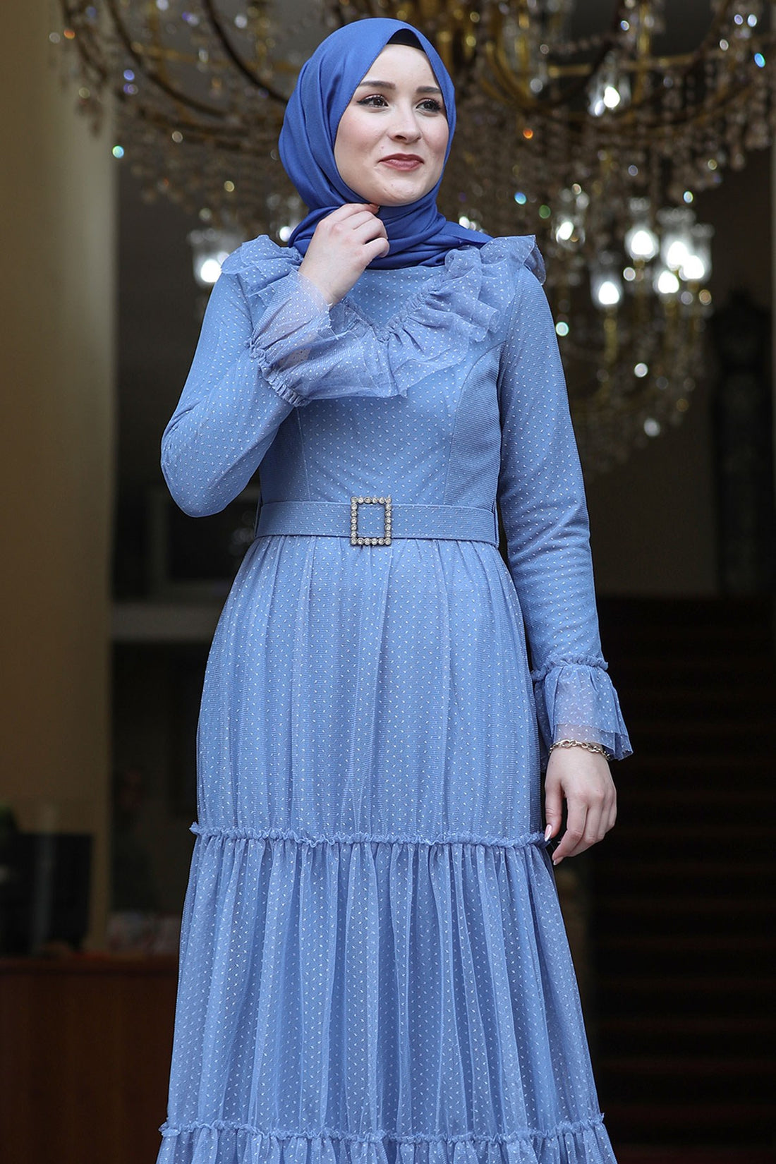 Damla Modest Evening Dress - Indigo