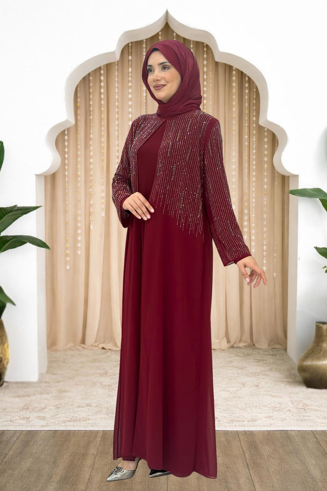 Deren Modest Evening Dress - Burgundy