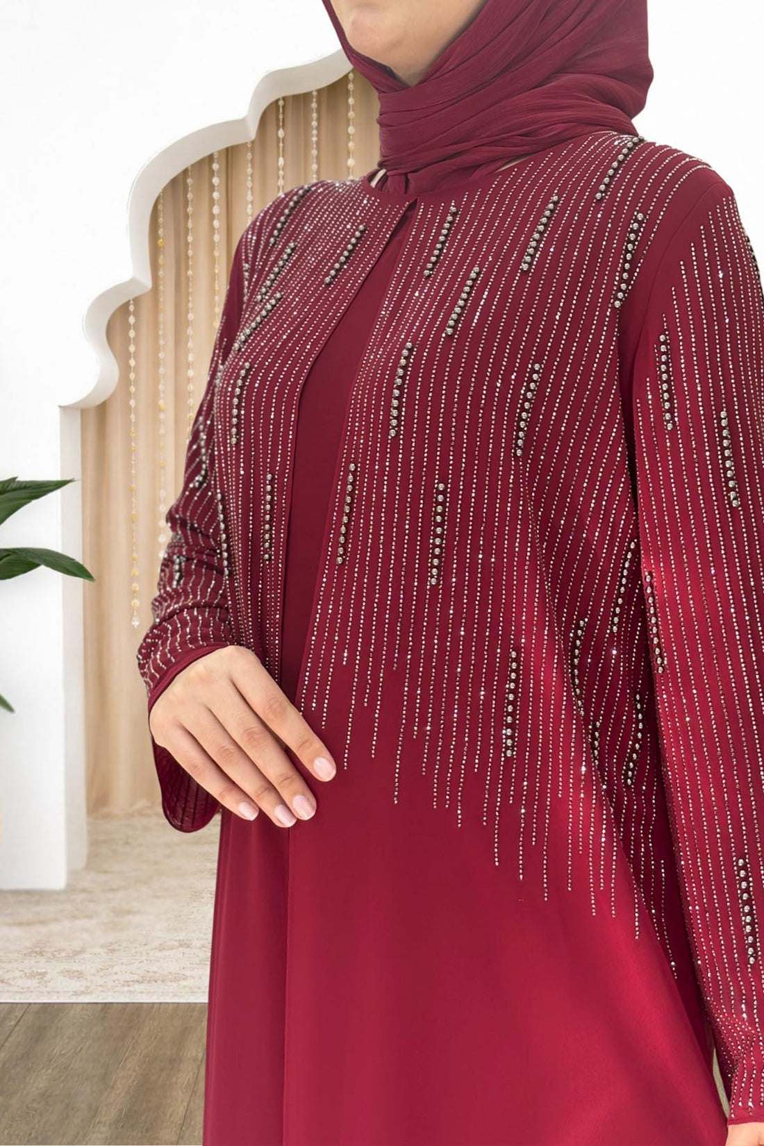 Deren Modest Evening Dress - Burgundy
