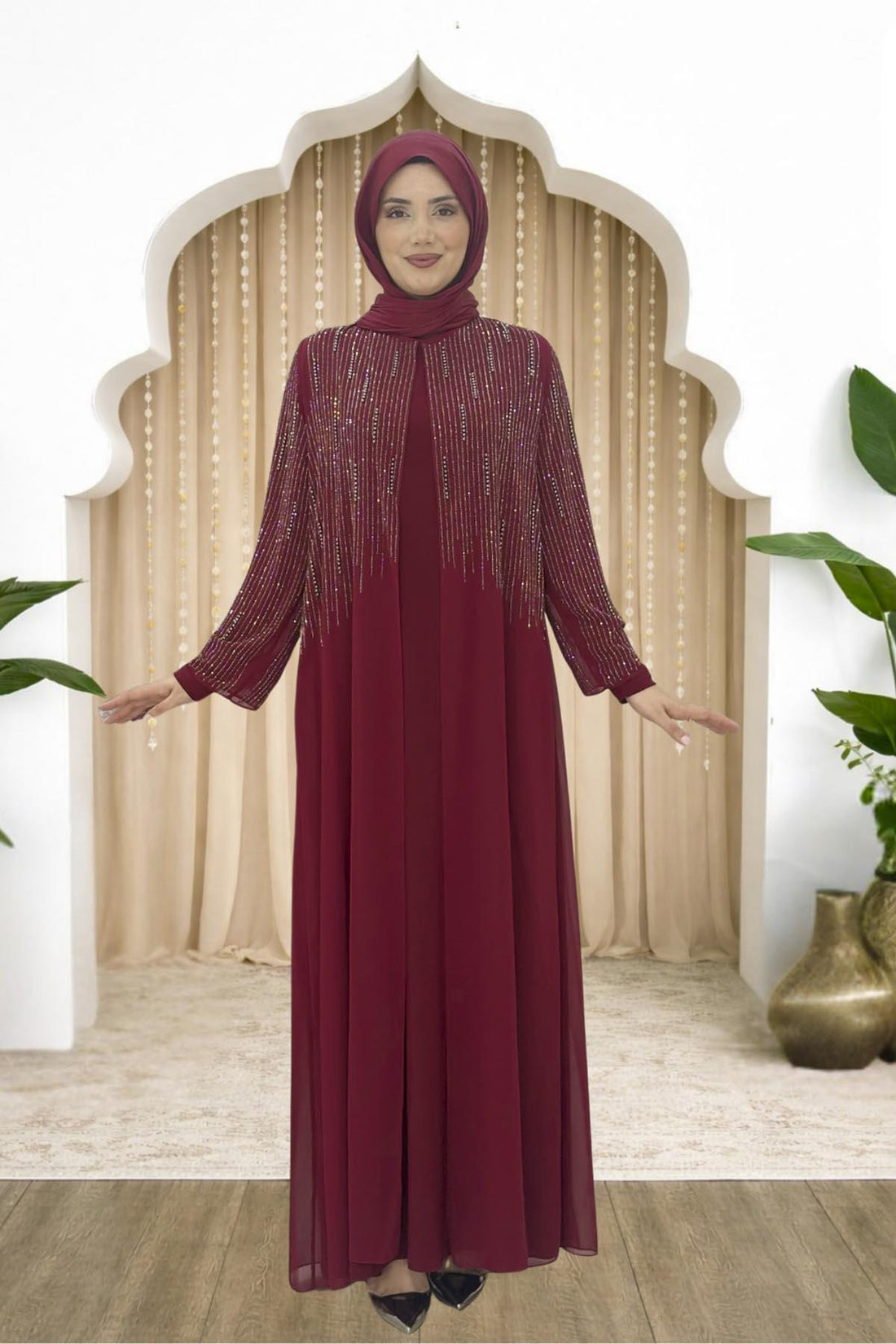 Deren Modest Evening Dress - Burgundy