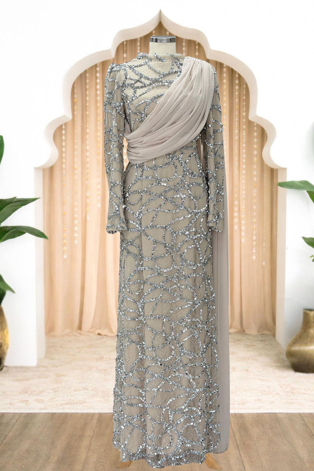 Efsane Modest Evening Dress - Beige
