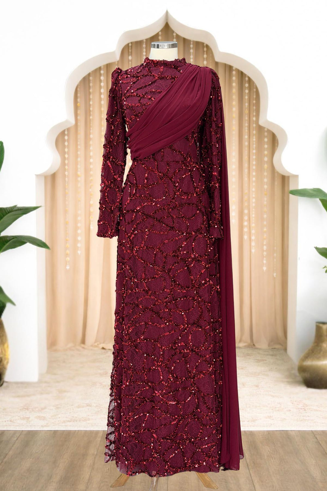Efsane Modest Evening Dress - Burgundy