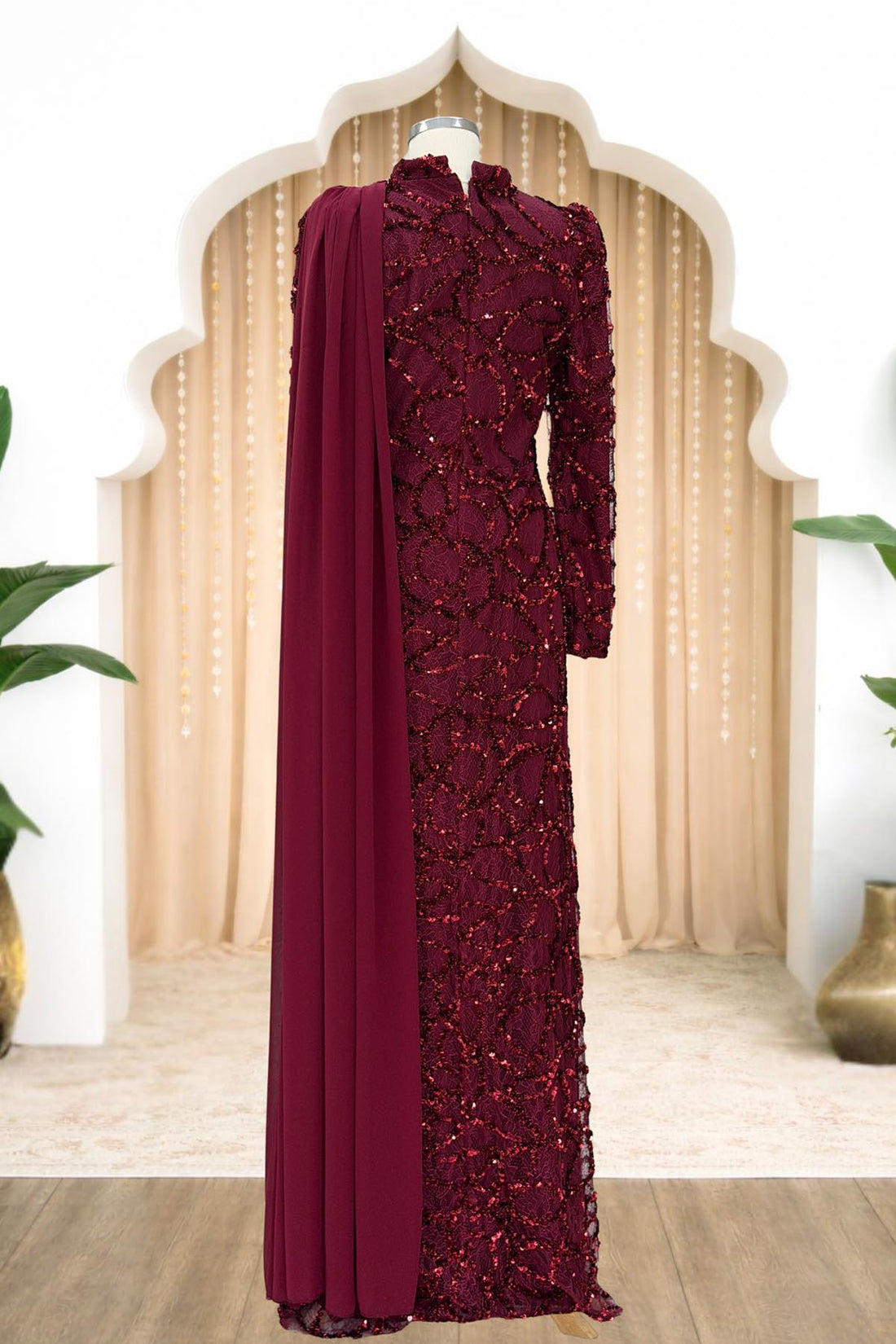 Efsane Modest Evening Dress - Burgundy