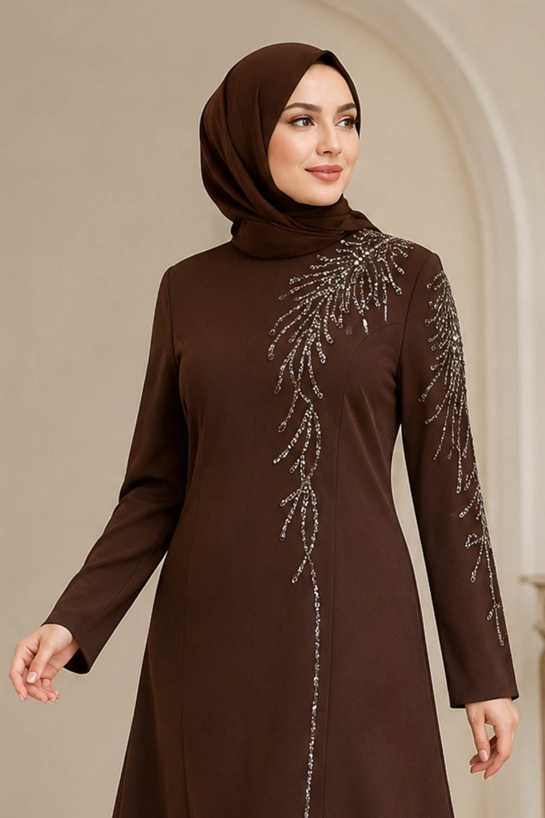Elisa Modest Evening Dress - Brown