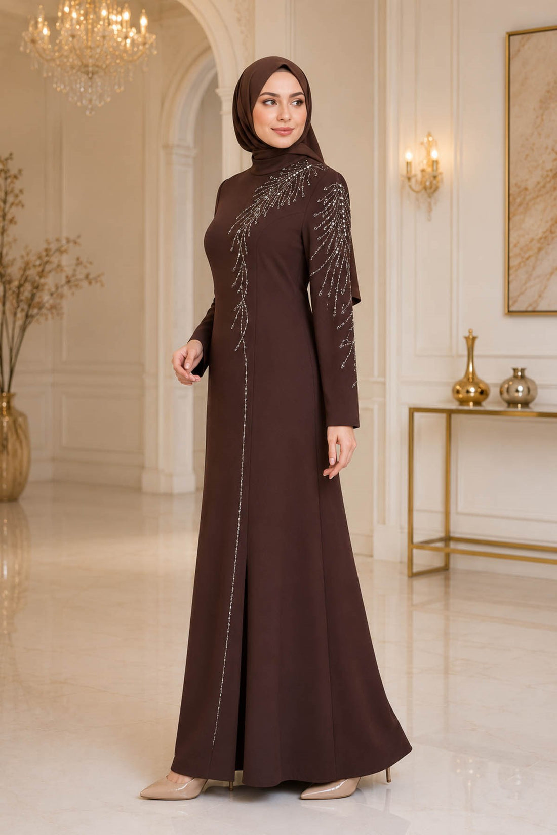 Elisa Modest Evening Dress - Brown