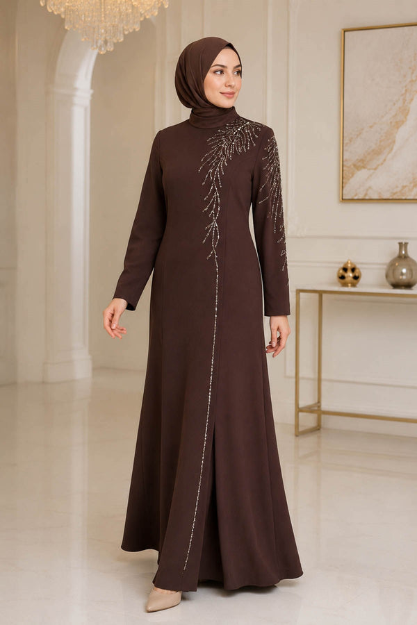 Elisa Modest Evening Dress - Brown
