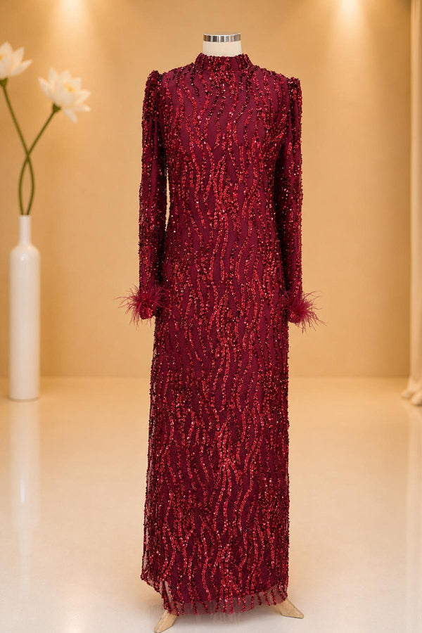 Eslem Modest Evening Dress - Burgundy