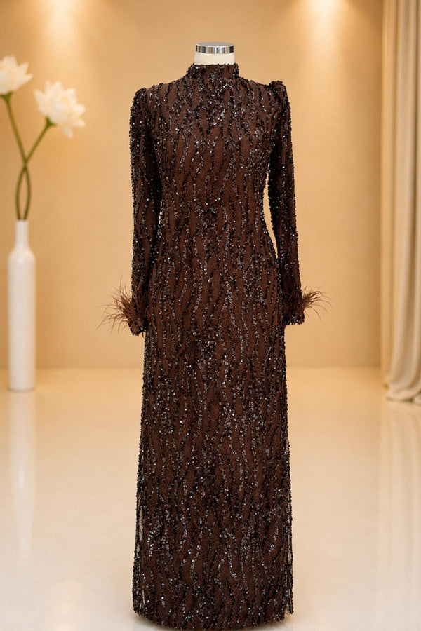 Eslem Modest Evening Dress - Brown