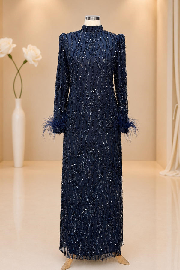 Eslem Modest Evening Dress - Navy