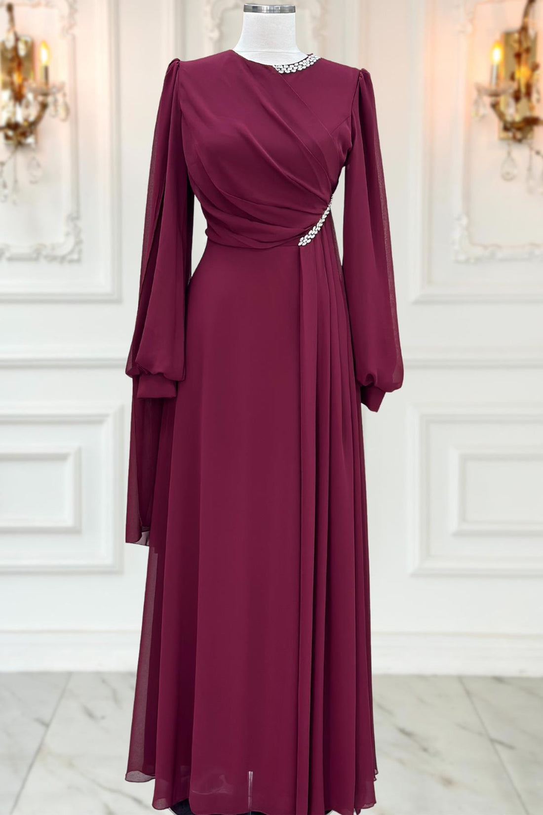 Feza Modest Evening Dress - Burgundy