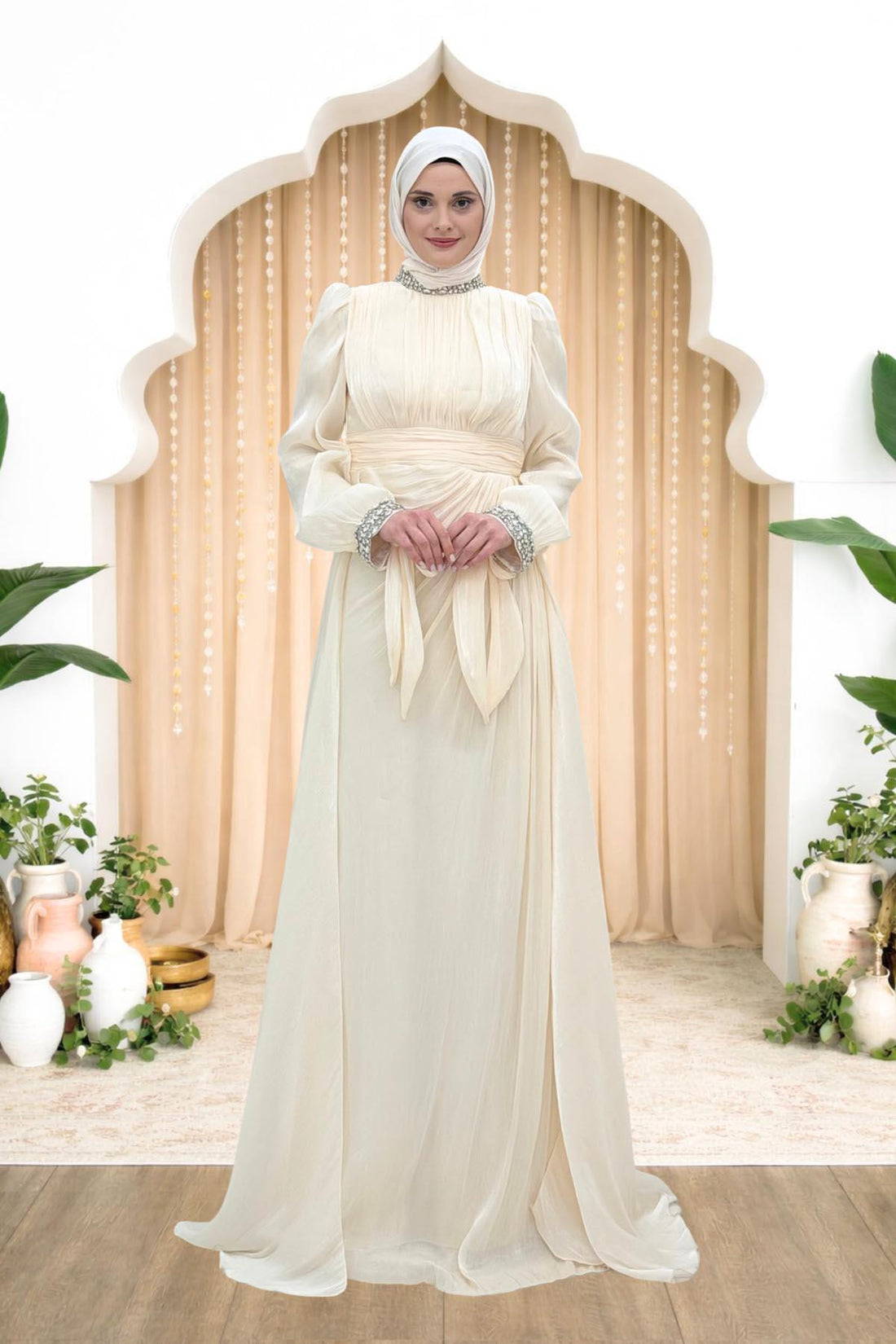 Gözde Modest Evening Dress - Cream