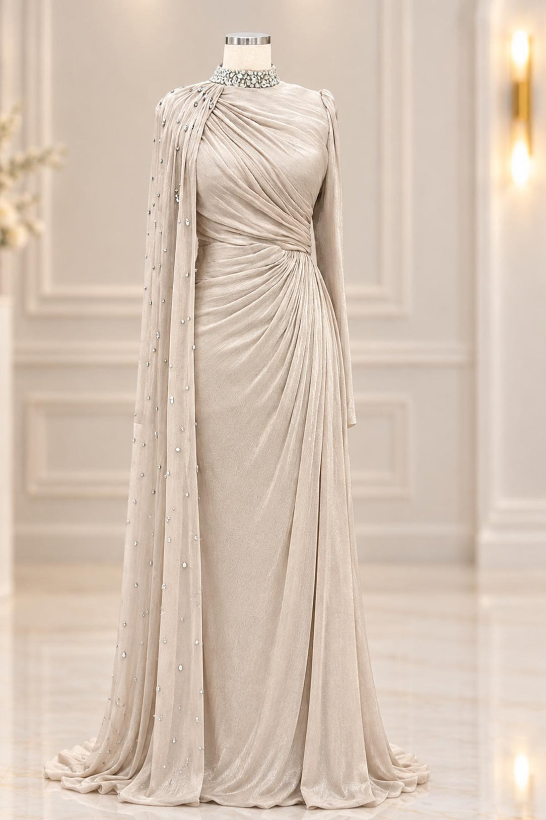 Helen Modest Evening Dress - Beige