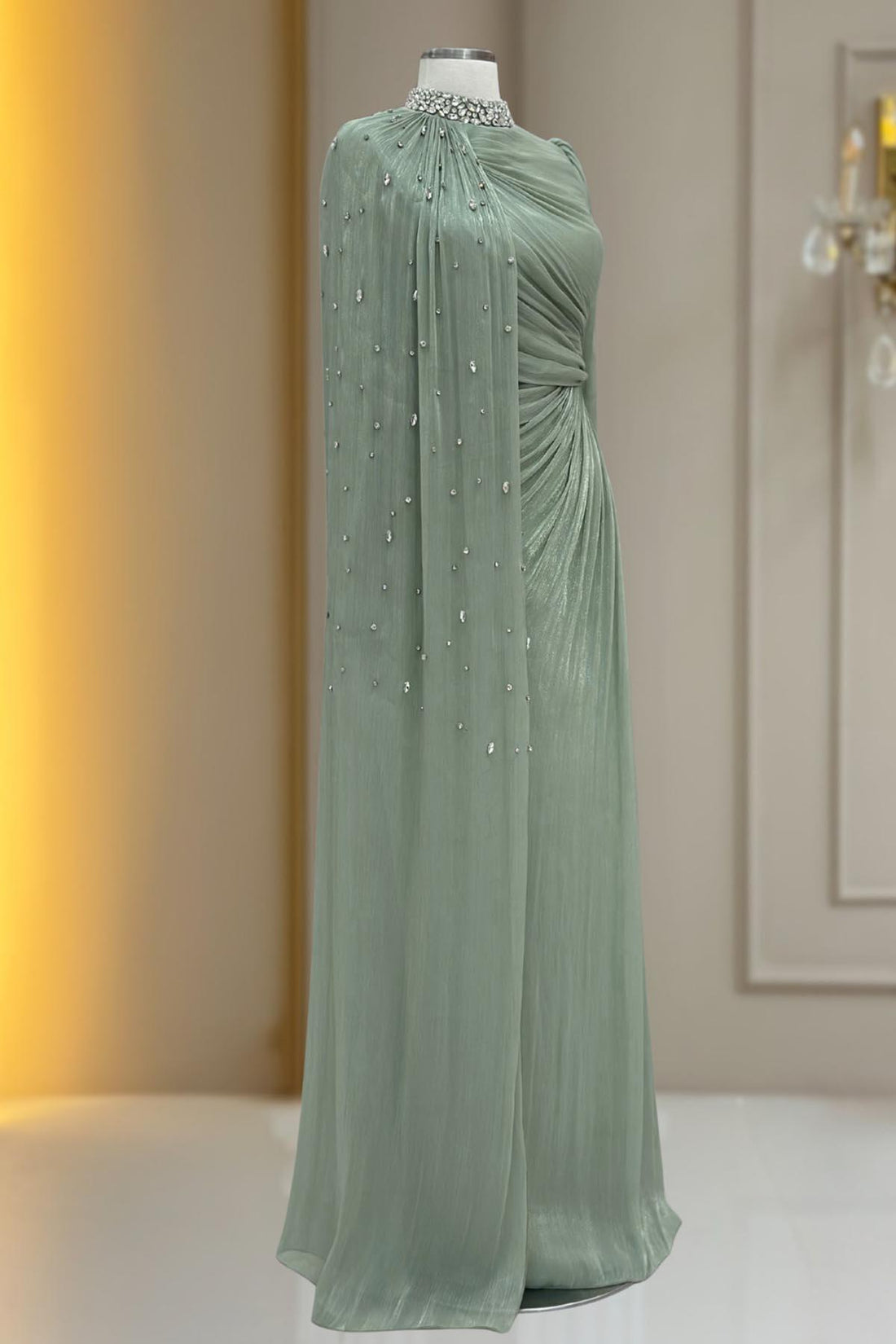 Helen Modest Evening Dress - Sage Green