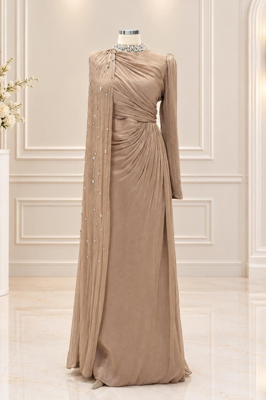 Helen Modest Evening Dress - Taupe