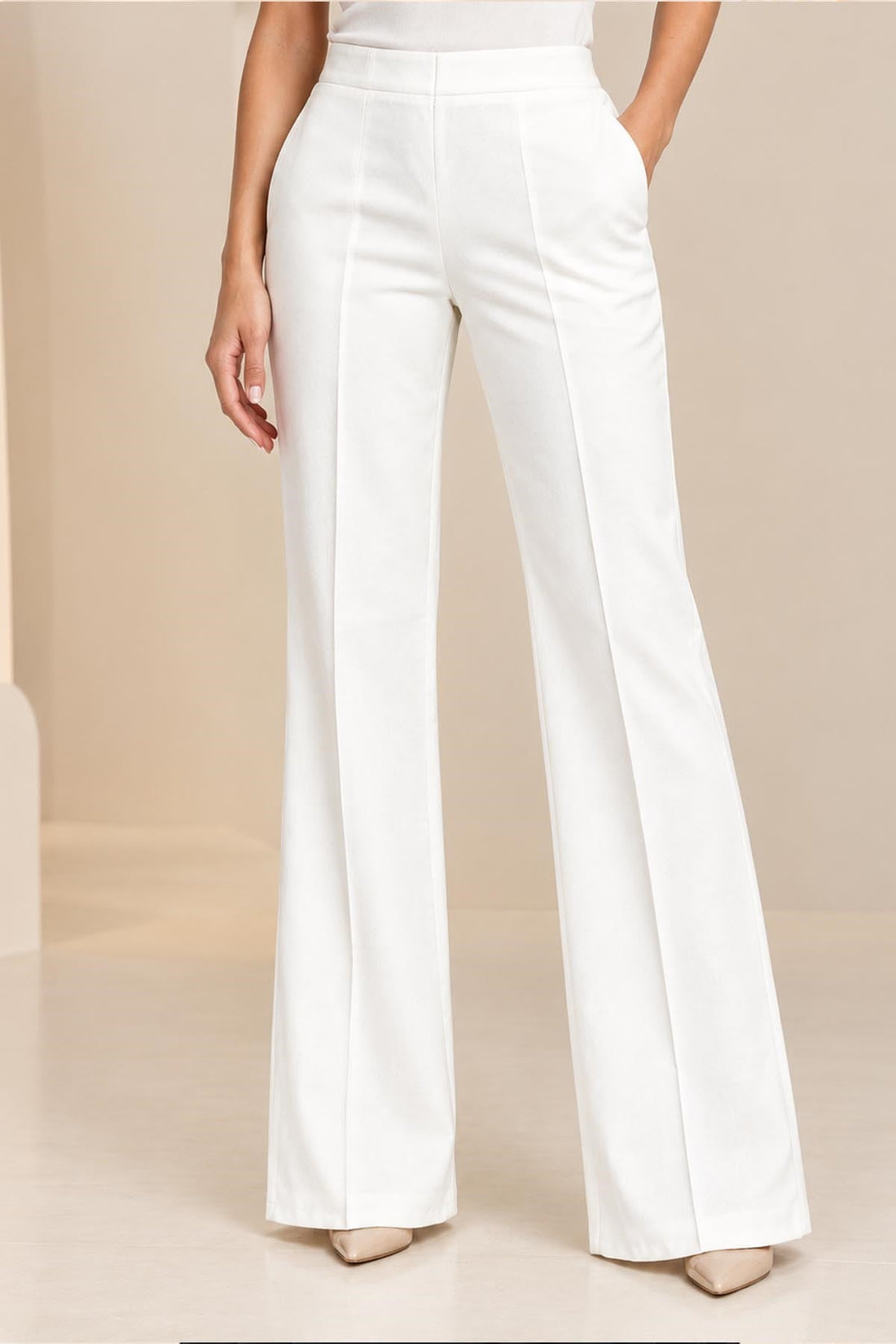 Flared Elastic-Waist Trousers - White
