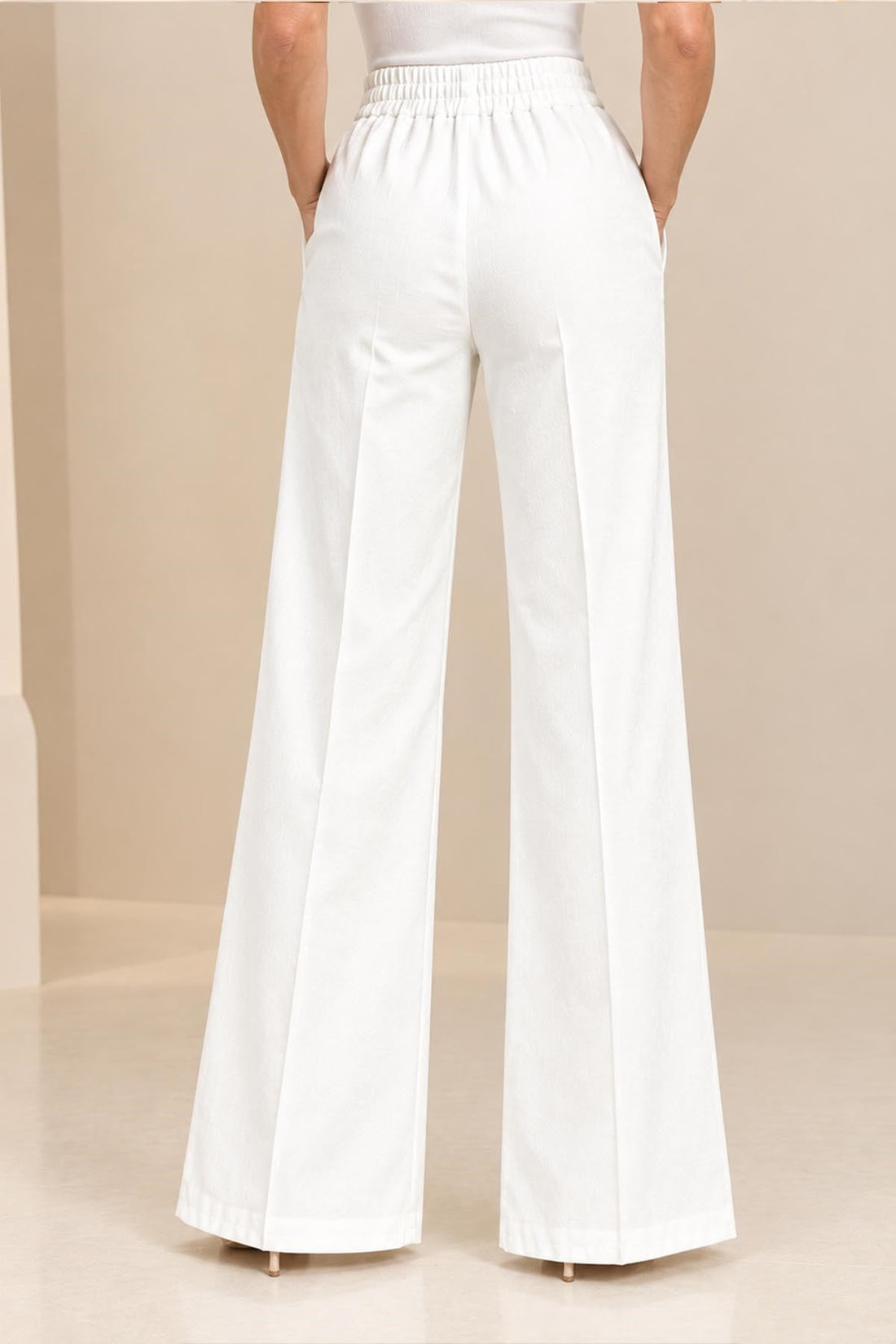 Flared Elastic-Waist Trousers - White