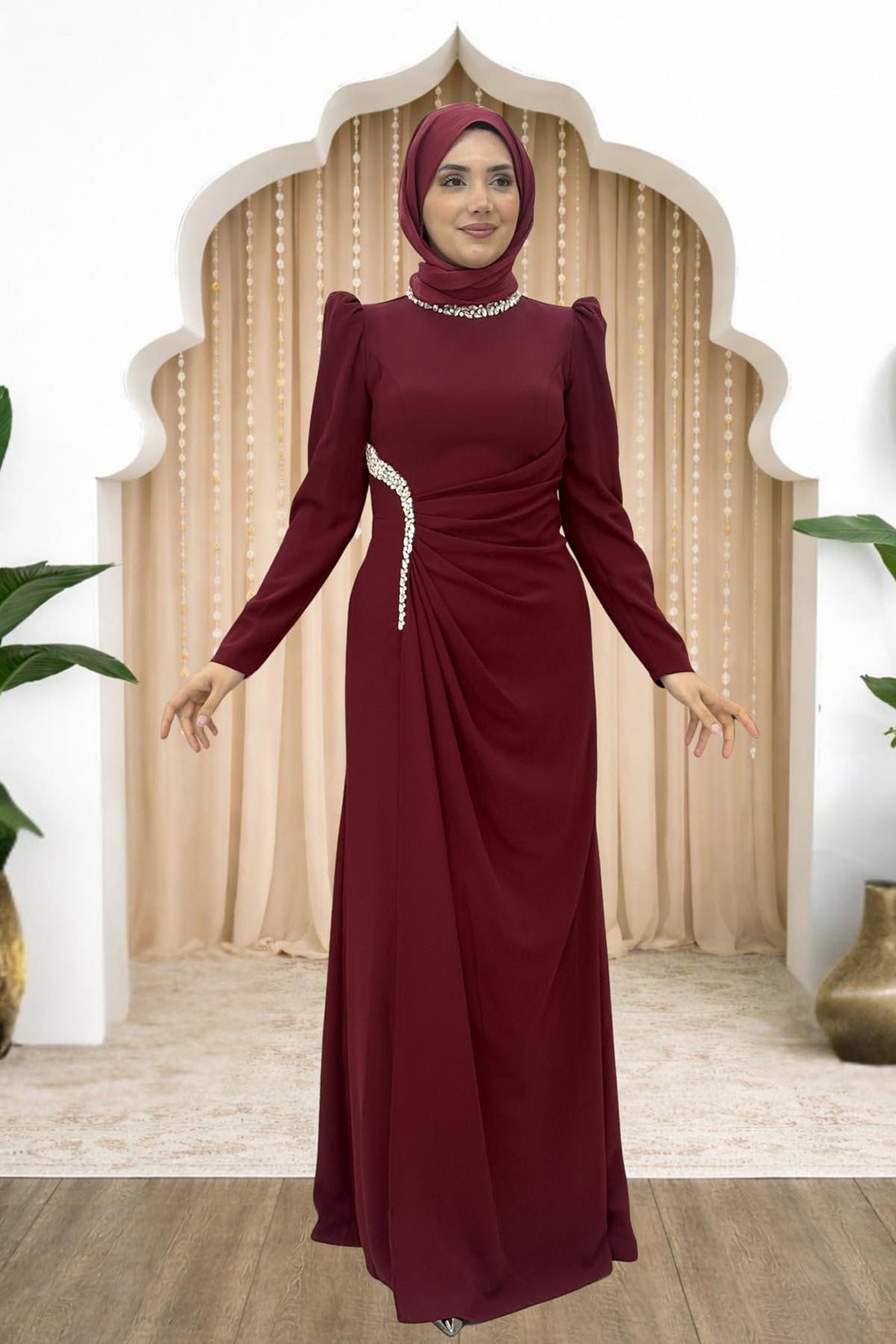 Dilem Modest Evening Dress - Burgundy