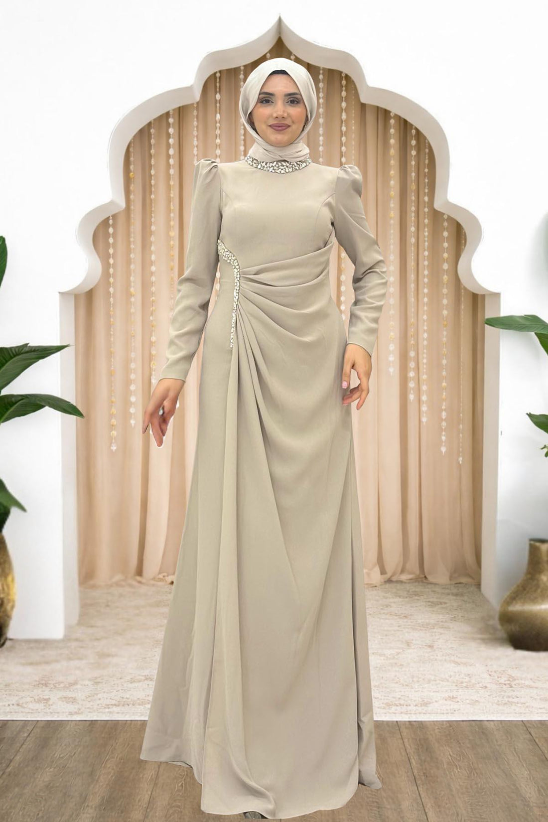 Dilem Modest Evening Dress - Beige
