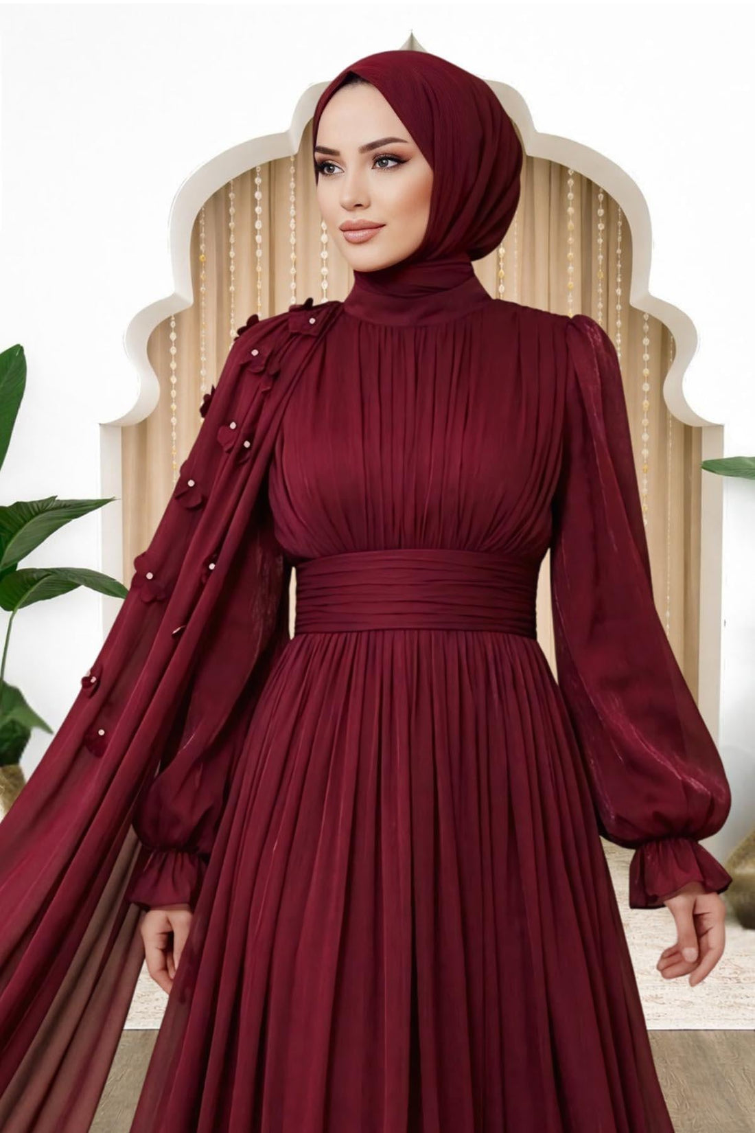 Mina Modest Evening Dress - Burgundy