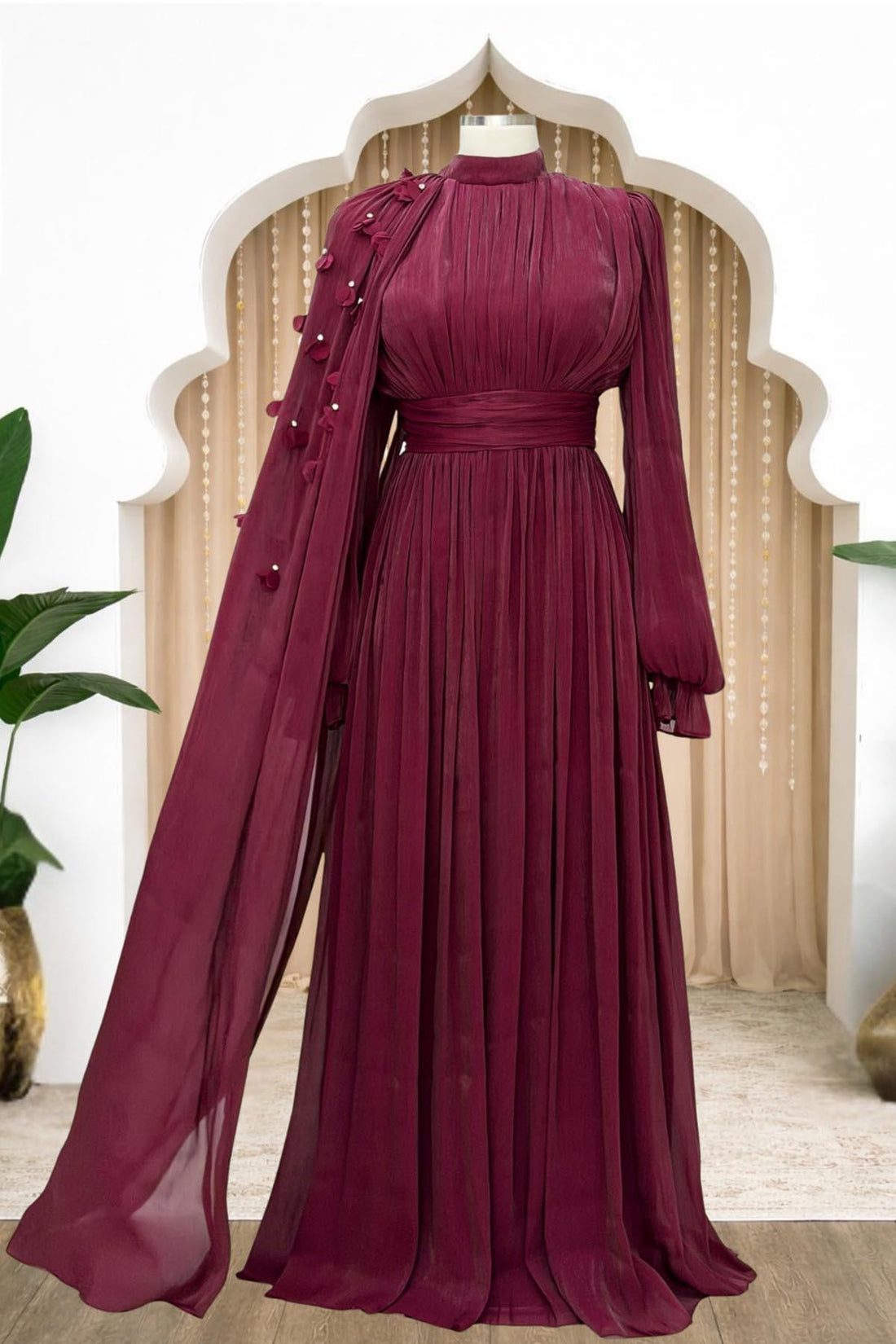 Mina Modest Evening Dress - Burgundy