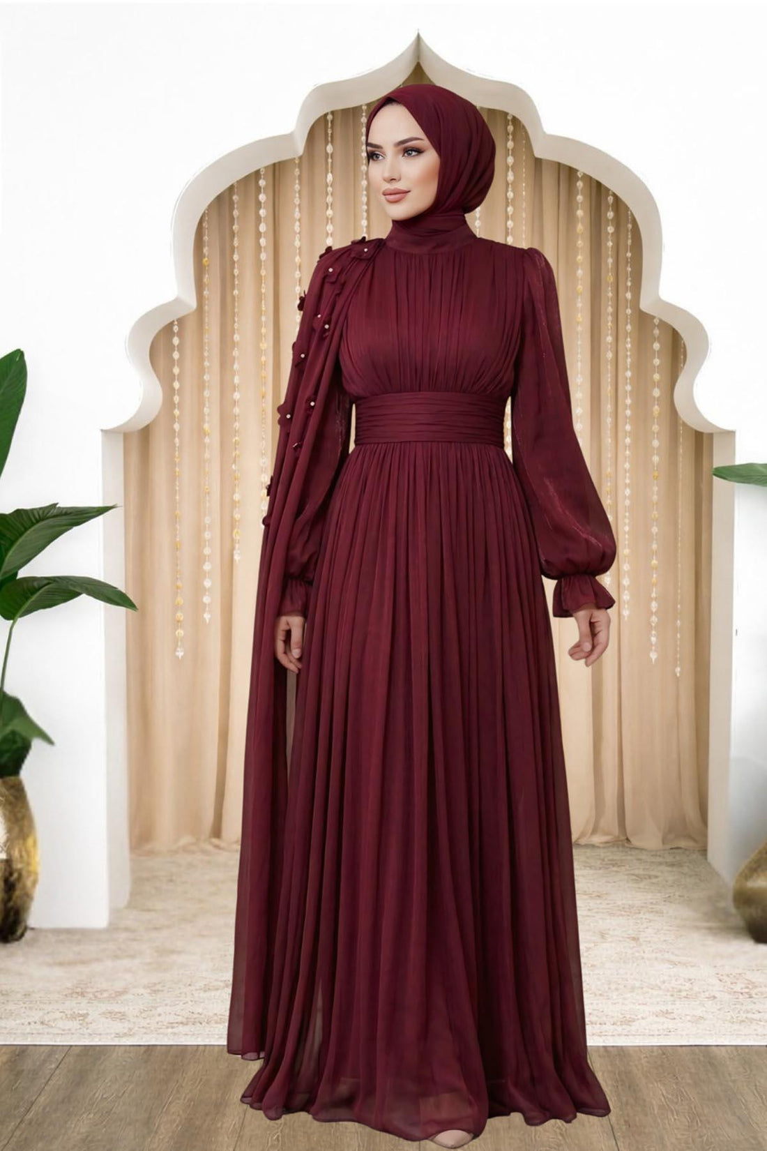 Mina Modest Evening Dress - Burgundy