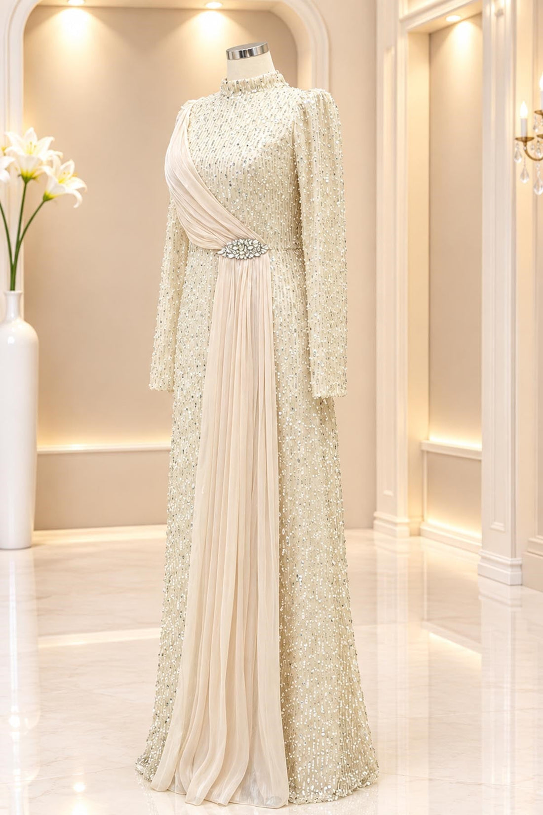 Nilüfer Modest Evening Dress - Beige