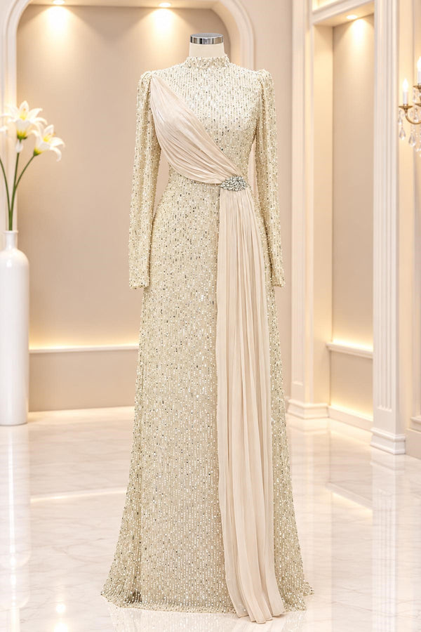 Nilüfer Modest Evening Dress - Beige