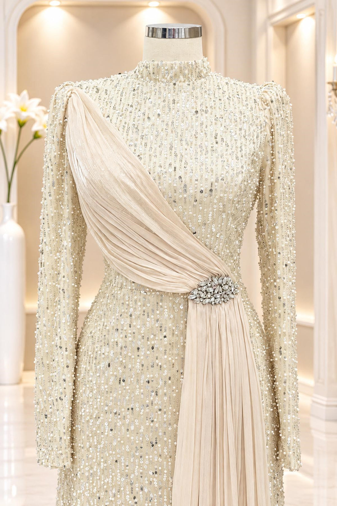 Nilüfer Modest Evening Dress - Beige