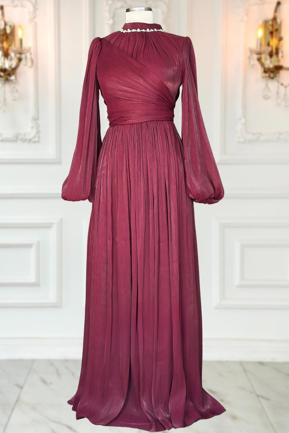 Pelin Modest Evening Dress - Burgundy