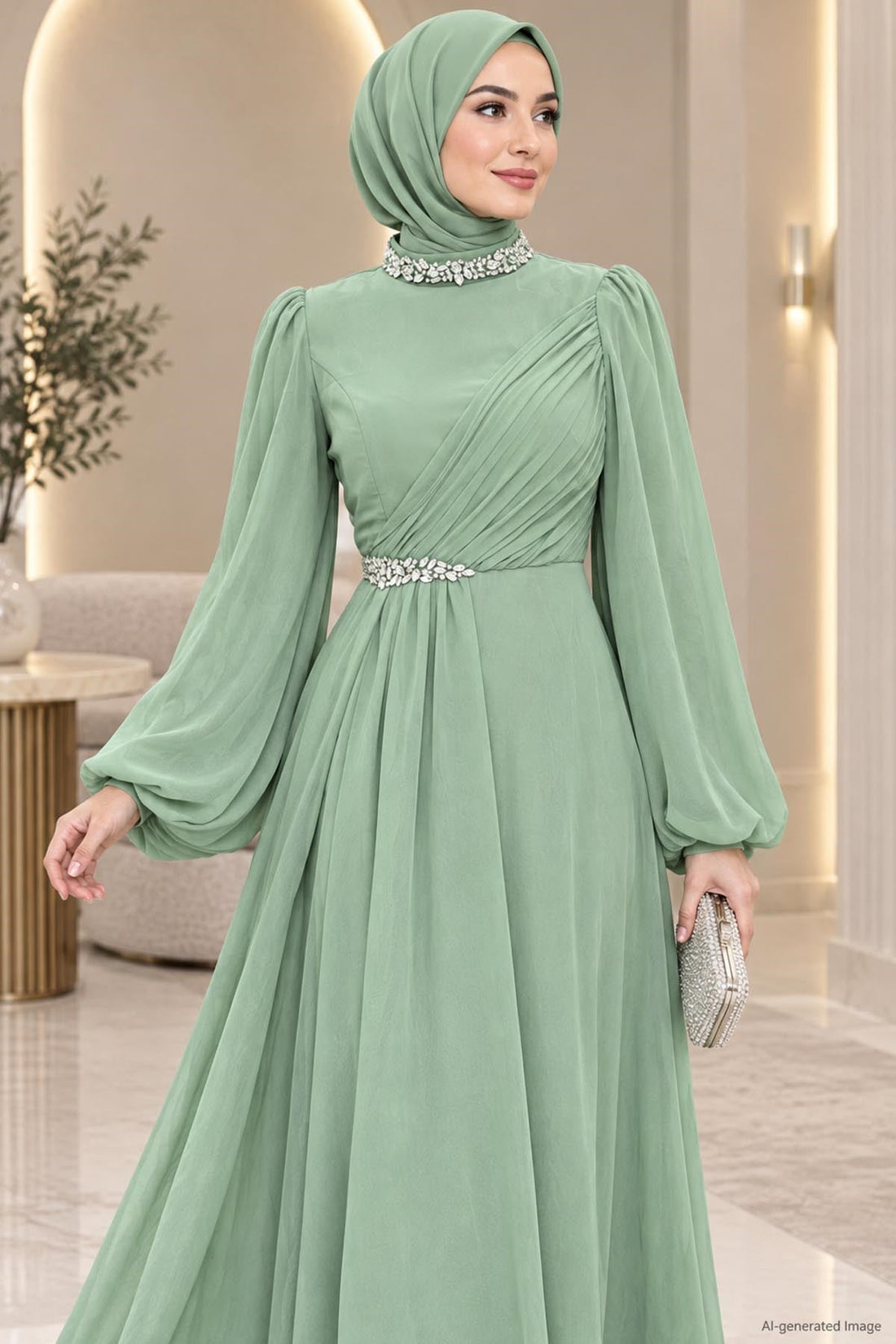 Peri Modest Evening Dress - Sage Green
