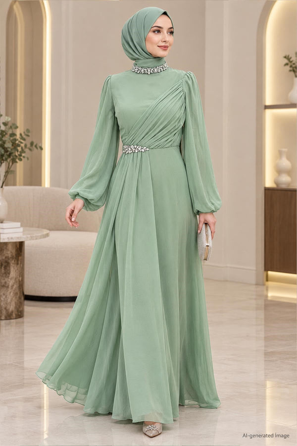 Peri Modest Evening Dress - Sage Green