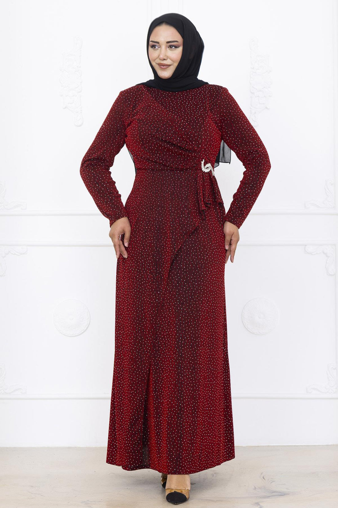 Roza Modest Evening Dress - Burgundy
