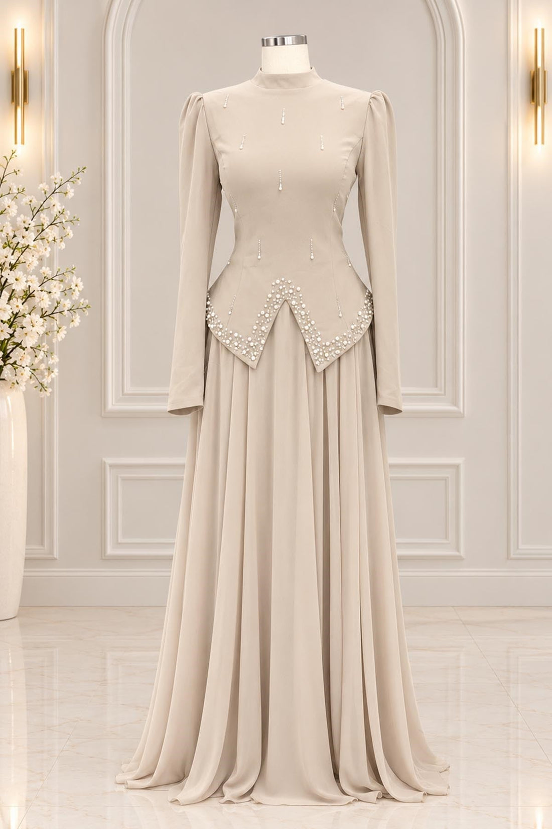 Sedef Modest Evening Dress - Beige
