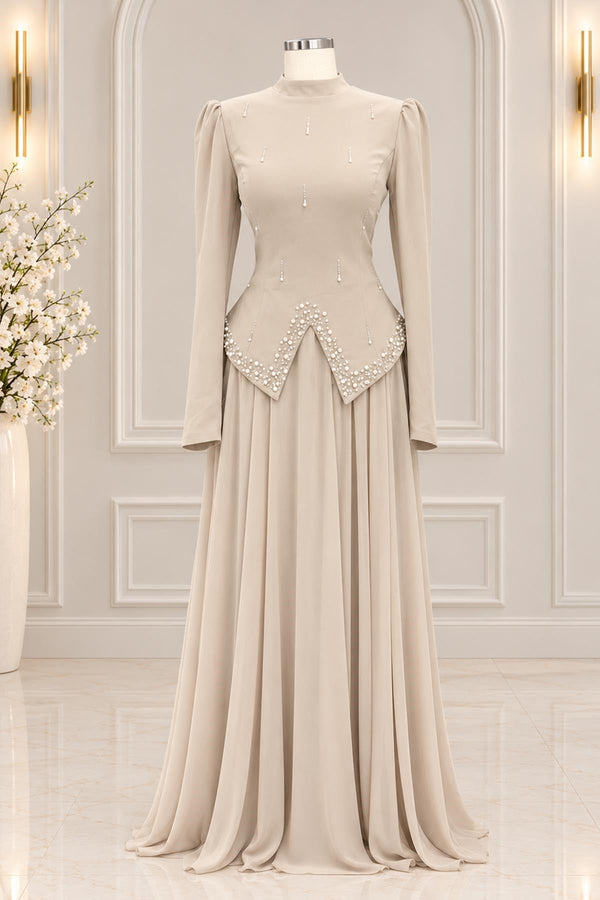Sedef Modest Evening Dress - Beige