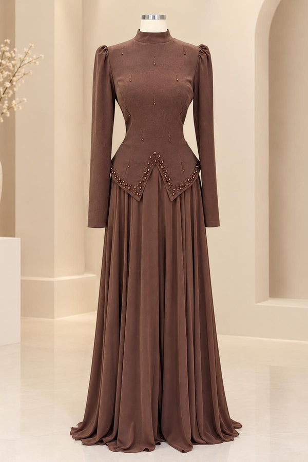 Sedef Modest Evening Dress - Brown