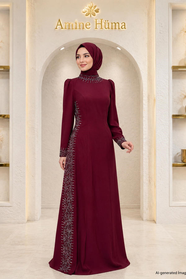 Sıla Modest Evening Dress - Burgundy