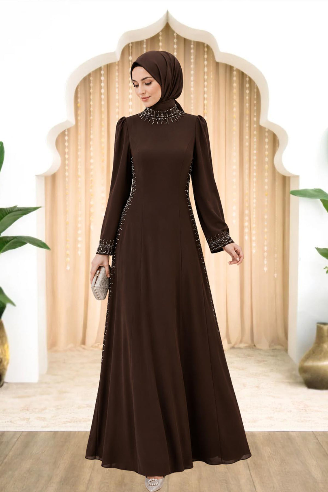 Sıla Modest Evening Dress - Brown