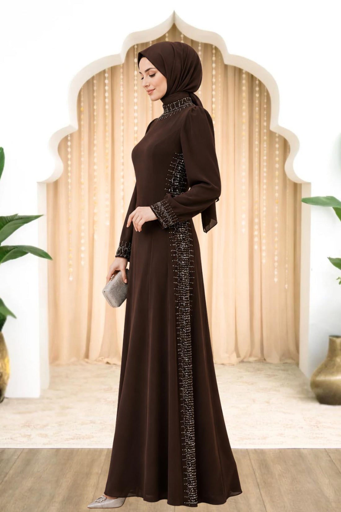 Sıla Modest Evening Dress - Brown